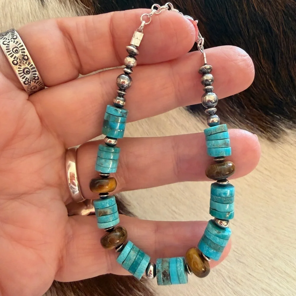 ❤️ 925 Desert Pearl Saucers Kingman Blue Turquoise Tigers Eye Bracelet 6.75+75”L